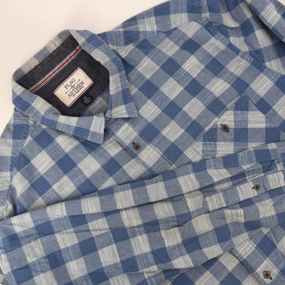 Flag & Anthem Mens Blue White Buffalo Plaid Button Up Shirt XXL Tall Cotton